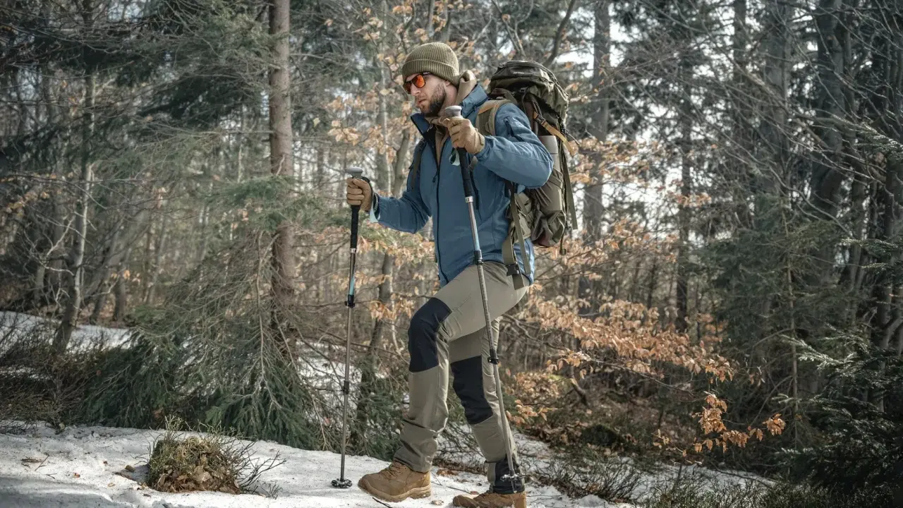 Mężczyzna w zimowej kurtce i czapce idzie przez las, wspierając się na kijach trekkingowych. Śnieg i suche liście pokrywają ścieżkę.