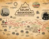 Mapa Mały Szlak Beskidzki, 137 km z Bielska-Białej do Lubonia Wielkiego, z zaznaczonymi atrakcjami i miejscowościami.