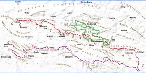 Mapa turystyczna z zaznaczonym szlakiem świętokrzyskim, prowadzącym przez Pasmo Łysogórskie, Bodzentyn i Kielce.