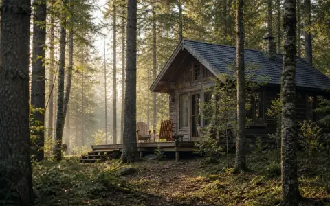 Urokliwy domek w lesie, otoczony wysokimi drzewami. Promienie słońca przebijają się przez gałęzie, tworząc magiczną atmosferę.