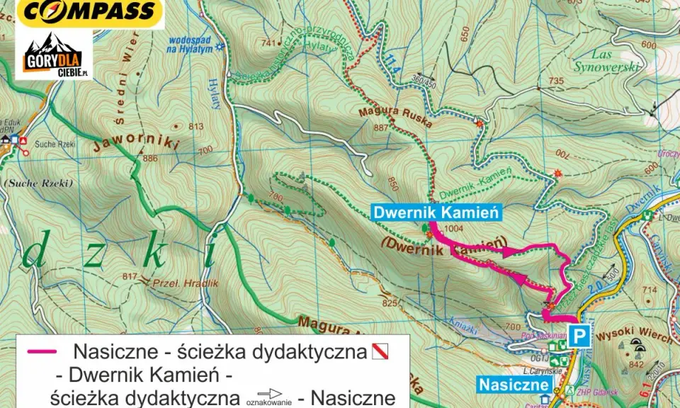 Mapa turystyczna z zaznaczoną ścieżką dydaktyczną "Dwernik Kamień" prowadzącą przez malownicze tereny górskie.